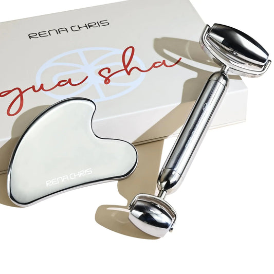 Rena Chris Face Roller & Gua Sha Set Stainless Steel Massage Tools for Jawline Sculpting and Puffiness Reducing Beauty & Skincare - Pure Bliss Beauty